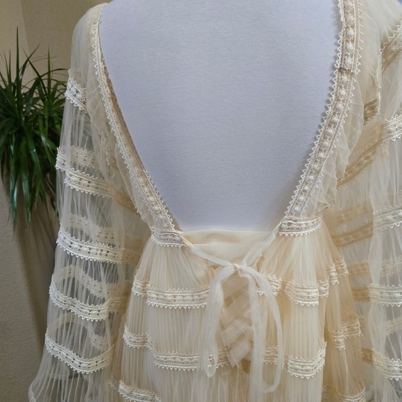 Pregnancy Photoshoot Maxi Dress Cream Boho Tulle Lace Tiered Wedding Gown 70s - Picture 6 of 12